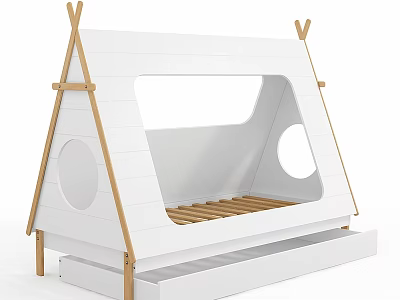 Tent Shaped White Kids Bed With Wooden Trim Round Windows And Underbed Storage Drawer 3d model
