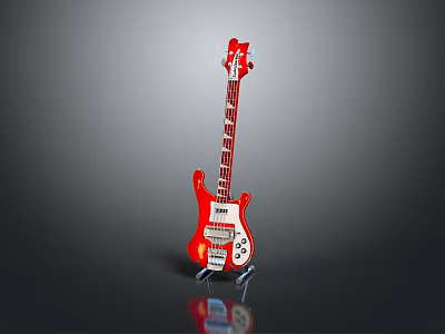 Red Electric Guitar With Glossy Body Metal Strings And Stand 3d model