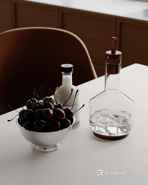 Commercial Kitchen Counter With White Bowl Of Cherries Glass Bottles And Ice Cubes 3d model 