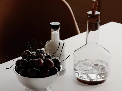 Commercial Kitchen Counter With White Bowl Of Cherries Glass Bottles And Ice Cubes 3d model