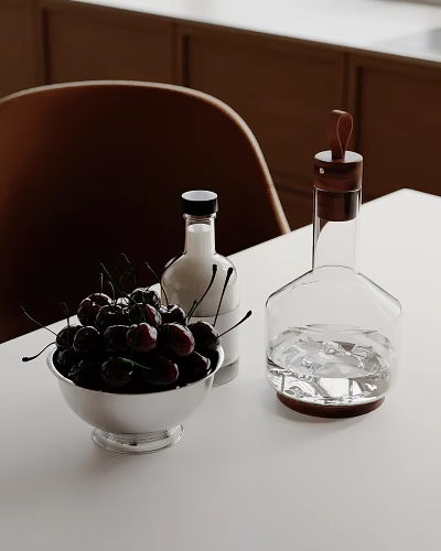 Commercial Kitchen Counter With White Bowl Of Cherries Glass Bottles And Ice Cubes 3d model