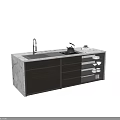 Modern Bar Counter With Marble Top Sink Faucet Stove Kettle Drawers Cabinets And Dishes