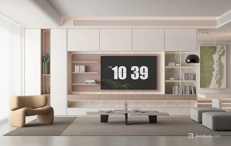Modern Living Room Interior With White Cabinetry TV Wall Beige Sofa Coffee Table Green Plant 3d model 