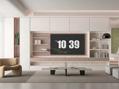 Modern Living Room Interior With White Cabinetry TV Wall Beige Sofa Coffee Table Green Plant 3d model
