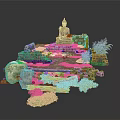 Modern Landscape Design Featuring Ancient Buddha Statue Ruins Stone Moss And Plants
