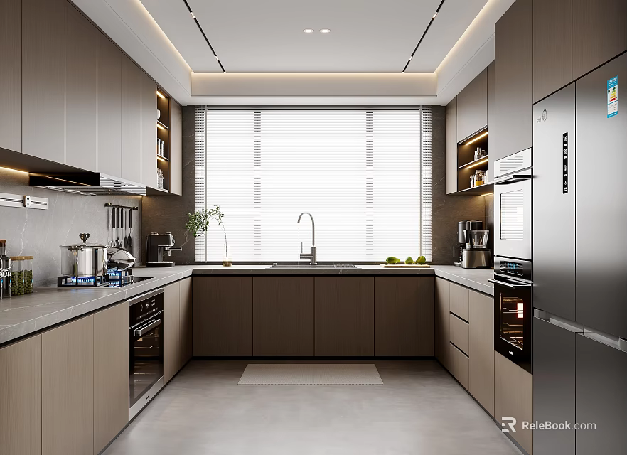 Modern Kitchen Interior Design With Cabinets Window Blinds Sink Countertop And Appliances 3d model 