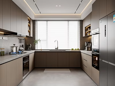 Modern Kitchen Interior Design With Cabinets Window Blinds Sink Countertop And Appliances 3d model