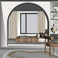 Tatami Bedroom With Arched Design Window Beige Curtains Desk Table Lamp Cozy Rug