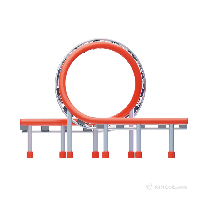 Playground Equipment Design With Red Circular Ring Long Platform Gray Supports And Red Pillars 3d model 