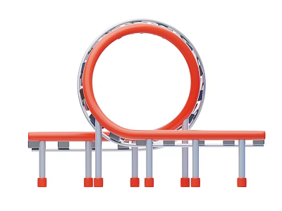 Playground Equipment Design With Red Circular Ring Long Platform Gray Supports And Red Pillars 3d model