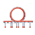 Playground Equipment Design With Red Circular Ring Long Platform Gray Supports And Red Pillars