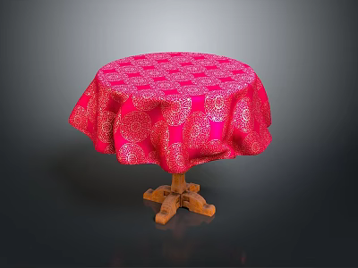Decorative Red Patterned Tablecloth Covered Round Wooden Base Furniture Table 3d model