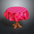 Decorative Red Patterned Tablecloth Covered Round Wooden Base Furniture Table