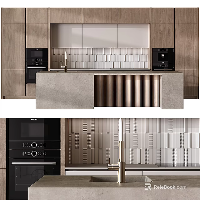 Modern Kitchen Interior With Wooden Cabinets Quartz Countertop Tile Backsplash And Built In Appliances 3d model 