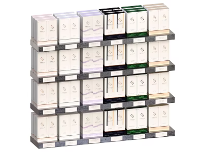 Neatly Arranged Shelf With Various Colored Product Boxes On Multiple Layers 3d model