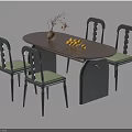 Oval Dining Table Set With Chairs Green Seats Dark Legs Vase Dried Flowers And Lemon