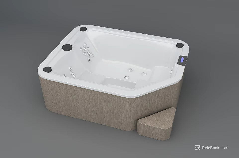 Square Shaped Bathtub With White Interior Wooden Exterior Massage Jets And Wooden Step 3d model 