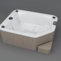 Square Shaped Bathtub With White Interior Wooden Exterior Massage Jets And Wooden Step