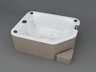 Square Shaped Bathtub With White Interior Wooden Exterior Massage Jets And Wooden Step 3d model