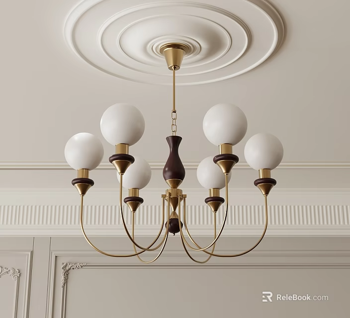 Elegant Classic Chandelier With Golden Metal Frame And Multiple White Spherical Shades 3d model 