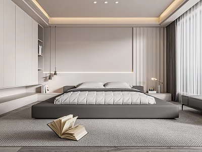 Modern Bedroom Interior Design With Gray Platform Bed Rug Pendant Lights And White Cabinets 3d model