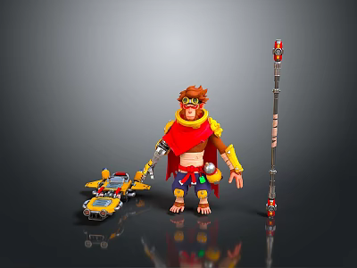 Yellow Small Train With Cartoon Monkey In Red Cape And Long Stick Nearby 3d model