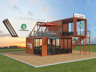 Starbucks Coffee Shop Container Building With Glass Doors And Staircase Balcony 3d model