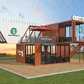 Starbucks Coffee Shop Container Building With Glass Doors And Staircase Balcony