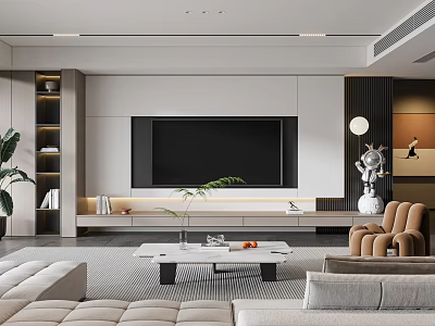 Modern Living Room Interior With Large TV Wall Sofa Coffee Table Plants And Decorative Items 3d model
