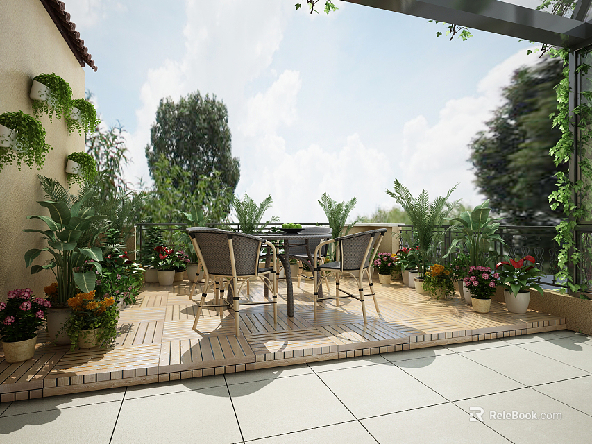 Cozy Villa Balcony with Wooden Deck Table Chairs Hanging Plants and Potted Flowers 3d model 