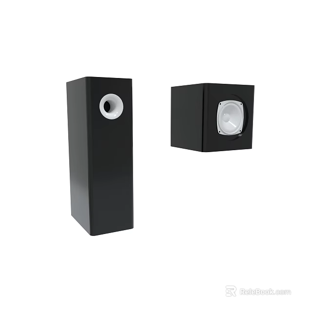 Black Audio Speakers With Tall Tower And Square Subwoofer Design 3d model 