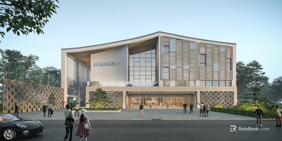 Modern Building Entrance Facade With Glass Curtain Walls Wooden Elements And Greenery Around 3d model 