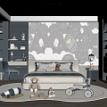 Kids Room Interior Design With Rocket Cloud Wall Art Cozy Bed Shelves And Toys