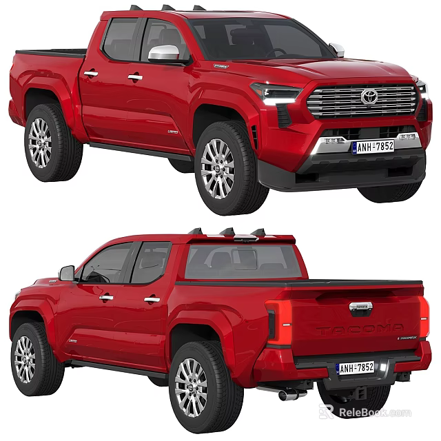 Red Toyota Tacoma Pickup Truck With Front Grille LED Headlights And Rear Cargo Bed 3d model 