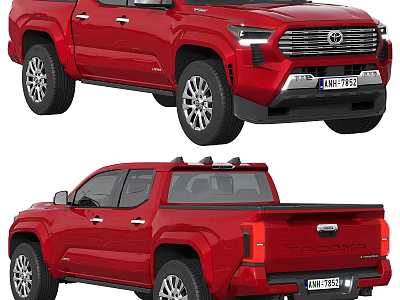 Red Toyota Tacoma Pickup Truck With Front Grille LED Headlights And Rear Cargo Bed 3d model