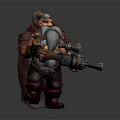 Game Movie Dwarf Character With Long Beard Red Brown Armor And Large Mechanical Gun