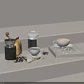 Coffee Cups With Coffee Pot Beans Spoon And Book On White Shelf