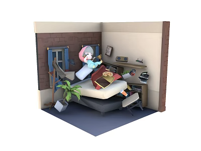 Cartoon Scene of Little Rabbit in Cozy Room with Bed Desk Gift Box and Green Plant 3d model