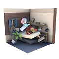 Cartoon Scene of Little Rabbit in Cozy Room with Bed Desk Gift Box and Green Plant