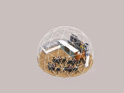 Dome Shaped Tent Interior With Wooden Tables Chairs And Modern Seating Space 3d model