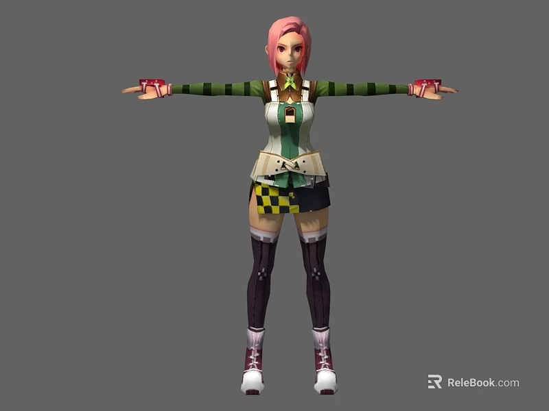 Game Movie Character With Pink Hair Green Striped Top Plaid Skirt And Arms Outstretched 3d model 