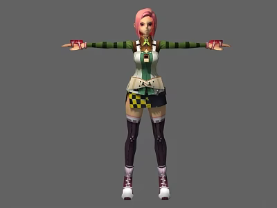 Game Movie Character With Pink Hair Green Striped Top Plaid Skirt And Arms Outstretched 3d model