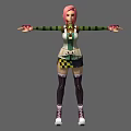Game Movie Character With Pink Hair Green Striped Top Plaid Skirt And Arms Outstretched