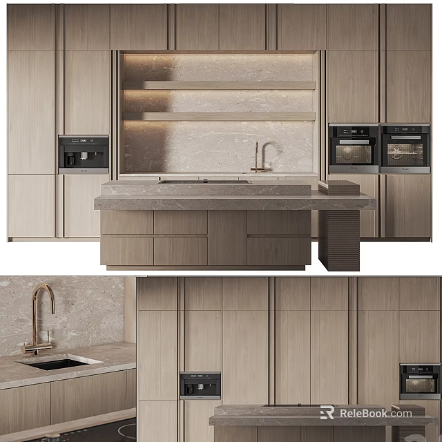 Elegant Modern Kitchen Interior With Light Wood Cabinets Countertop Sink And Appliances 3d model 