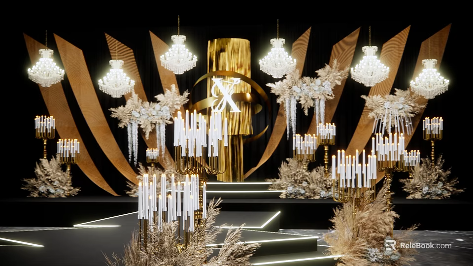 Luxurious Event Setup With Golden Decor Chandeliers Candles Illuminated Steps And Dried Flowers 3d model 