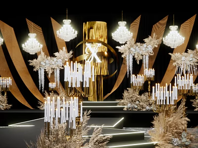 Luxurious Event Setup With Golden Decor Chandeliers Candles Illuminated Steps And Dried Flowers 3d model