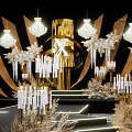 Luxurious Event Setup With Golden Decor Chandeliers Candles Illuminated Steps And Dried Flowers