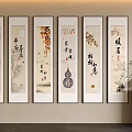 Abstract Traditional Chinese Paintings With Calligraphy And Floral Elements On Wall
