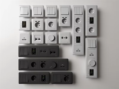 Modern Switch Panels With Various Designs Buttons Knobs And Sockets 3d model