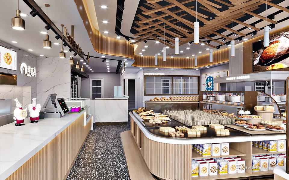 Sweet Shop Interior With Wooden Ceiling Pastry Display Cases And Pendant Lights 3d model 